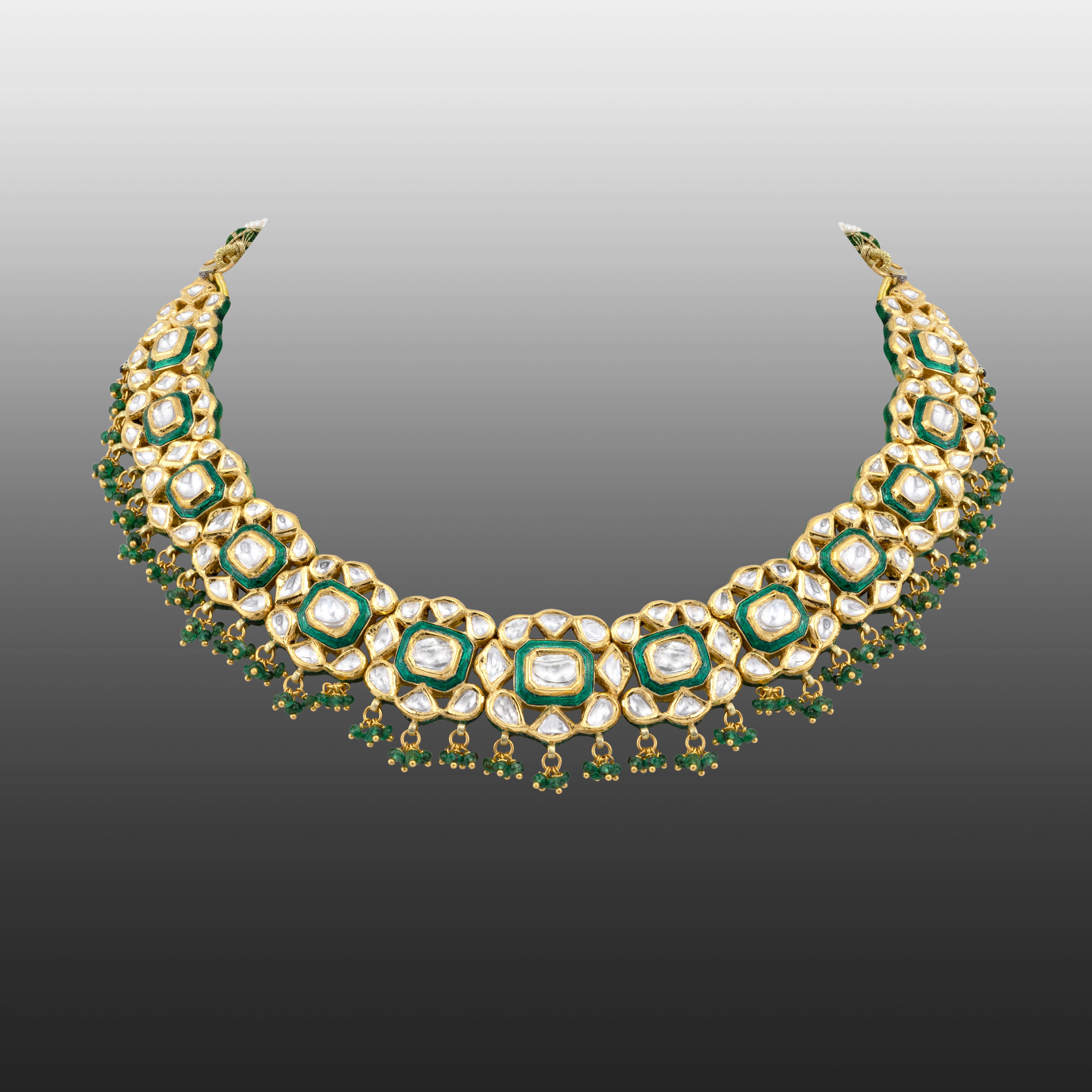 Green Enamel Polki Necklace with Emerald Beads